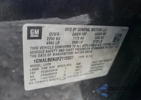 2015 Chevrolet Equinox Lt z USA, uszkodzony, nr VIN 1GNALBEK0FZ115937